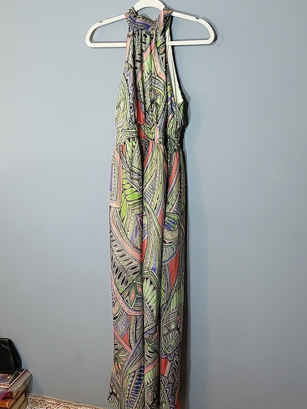 Ark & Co Size S Halter Maxi Dress in Green, Purple, Coral and Black Print